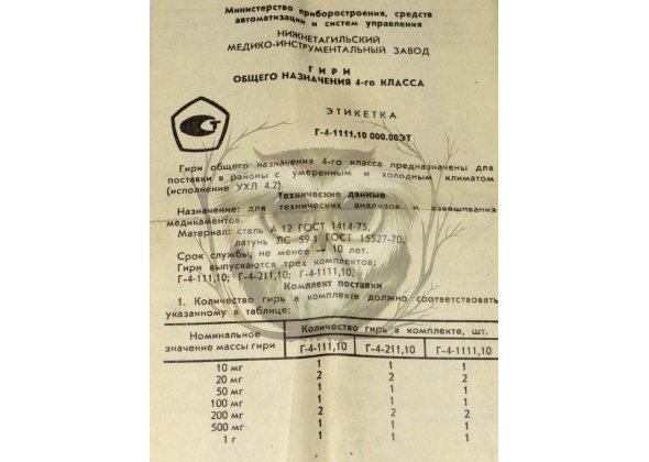 Комплект гирь медицинских Г-4-111,10, СССР